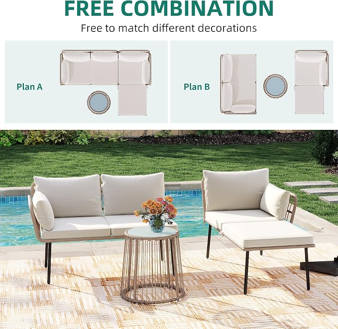 YITAHOME 3 Piece Patio Furniture Set Wicker Patio Sectional with Detachable Cushions and Coffee Table Outdoor Furniture Set L-Shaped Sectional Conversation Sofa Set for Backyard Porch Balcony - Beige