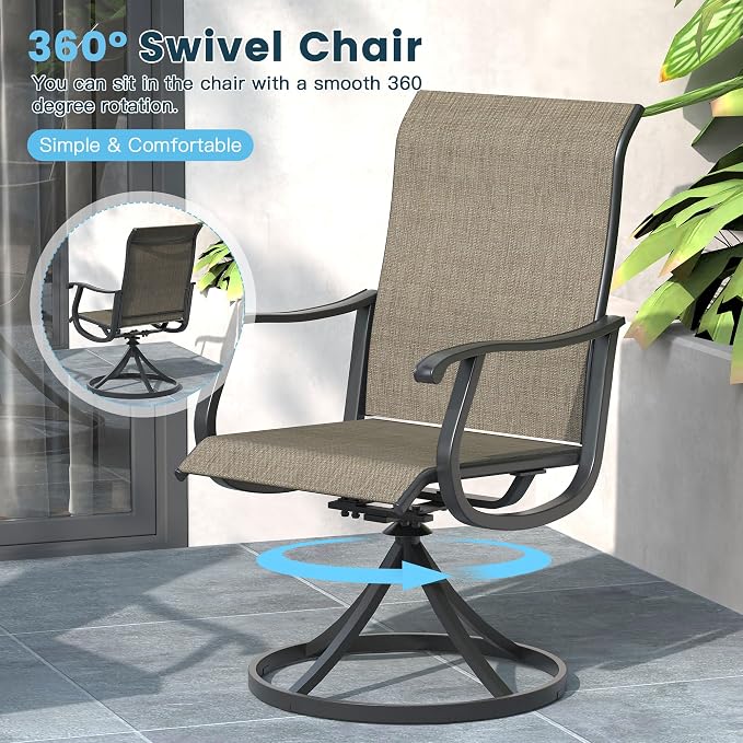 7 Pieces Patio Furniture Dining Set, 6 Textilene Swivel Dining Chairs, 53" Outdoor Round Metal Table with 1.57" Umbrella Hole, Outdoor Dining Set for Porch, Lawn, Garden, Black/Brown