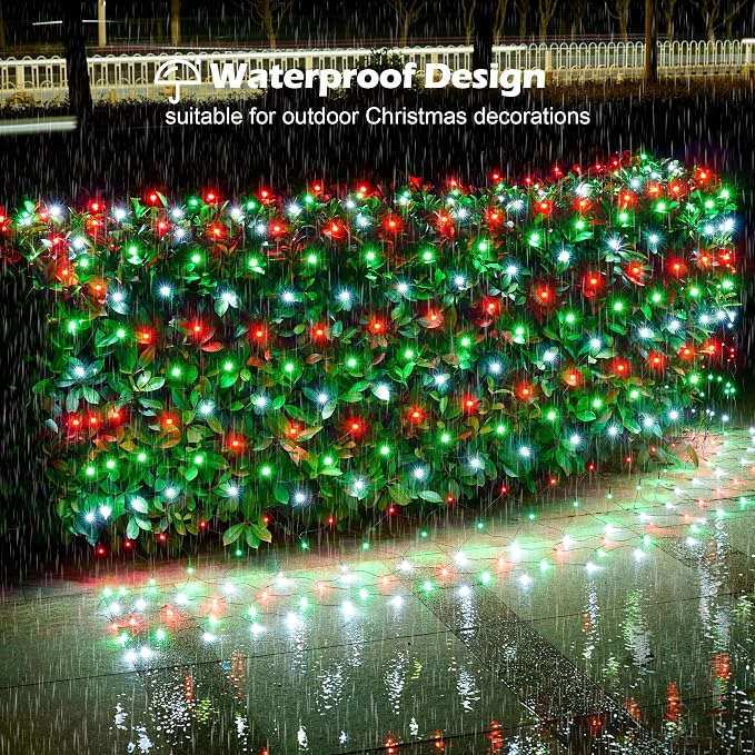 BlcTec Outdoor Christmas Lights 200 LED 8.4ft x 5.2ft Christmas Net Lights with 8 Modes, UL Certified, Timer, Connectable, Waterproof for Trees, Bushes, Yard Outdoor Decorations, Red White Green