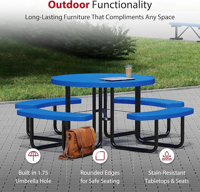 Leisure Craft Metal Picnic Table with Bench - 46" Round Outdoor Dining Table for 8 with Umbrella Hole, Weatherproof Heavy Duty Thermoplastic Coating, Commercial Grade Furniture Made in USA - Blue