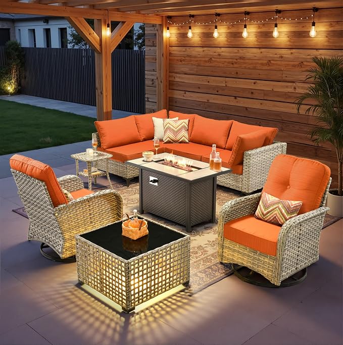 9 Pieces Patio Sectional Furniture Set, Outdoor Wicker Sectional Couch with Firepit Swivel Rocker Chairs Solar Lights Table, Modern Conversation Set for Porch Balcony Backyard, Orange