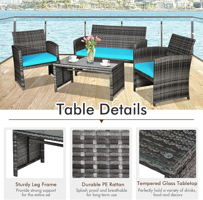 Outdoor Conversation Set, 4 Pieces Wicker Patio Furniture Set with Ergonomic Curved Design, Patio Chair Set with Water-resistant Cushion & Tempered Glass Table for Porch,Balcony(Turquoise)