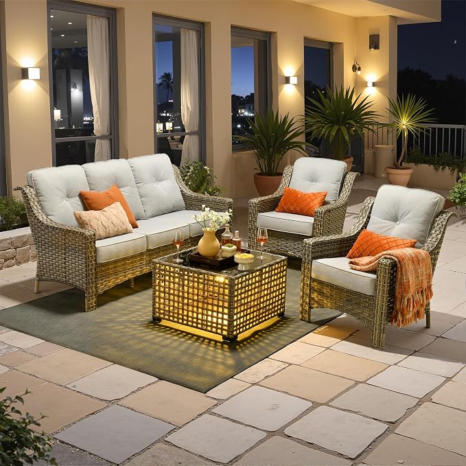 Outdoor Patio Furniture Sets, 4 PCS Patio Conversation Set Outside Rattan Sofa with Solar Light Coffee Table Comfy Cushions Fit Backyard Porch Garden Poolside Balcony,Light Grey