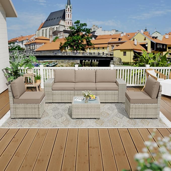 6 Piece Patio Furniture Set, 8" Wide Arm Sectional Sofa Set with Coffee Table, High-Back All-Weather Rattan Outdoor Conversation Set for Garden, Porch, Lawn, Khaki
