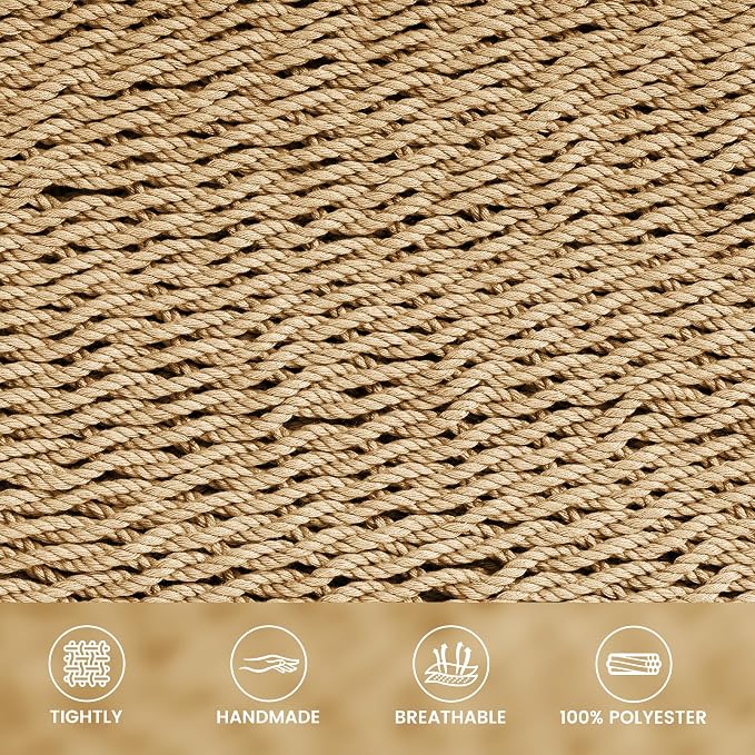 Lazy Daze Hammocks 2 Person Caribbean Rope Hammock with Wood Stand, 10.5FT Polyester Hammock with Spreader Bars, 13FT Heavy Duty Stand Combo, 450 LBS Capacity for Outdoor Backyard Garden Poolside, Tan
