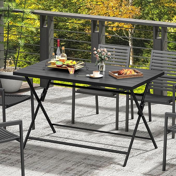 Giantex Folding Outdoor Dining Table for 4-6 Person, 48"x30" Rectangular Metal Patio Table with Large Tabletop, Foldable Outside Dinner Table for Garden Backyard Picnic (Black)