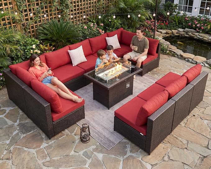 NICESOUL 11 Piece Outdoor Furniture Set with Firepit, Luxury 10-Person Patio Sectional Sets, 29.3'' High-Back Backyard Seating, All-Weather Rattan Couch Sofa for Outside, Deck, Brown & Red