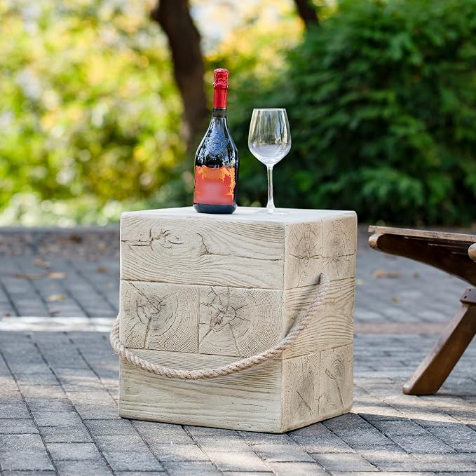 Square Outdoor Side Table, Rustic Wood Grain MGO Concrete End Table with Simulated Braided Rope, Fully Assembled Accent Side Tables for Patio, Balcony, Living Room, Garden