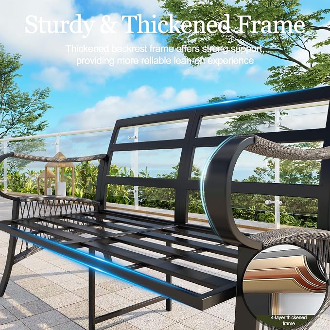 7 Pieces Patio Conversation Sets, All-Weather Metal Swivel Rocking Chairs with Rope Furniture Set, Outdoor Sofa Couch for Deck, Porch, Garden, Backyard, Poolside (Blue Cushions)