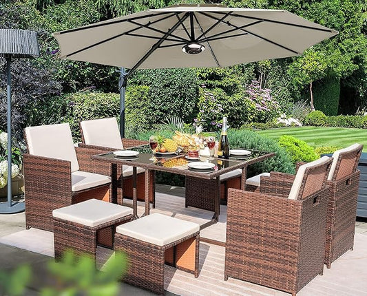 Homall 9 Pieces Dining Outdoor Furniture Patio Wicker Rattan Chairs and Tempered Glass Table Sectional Conversation Set Cushioned with Ottoman (Brown)