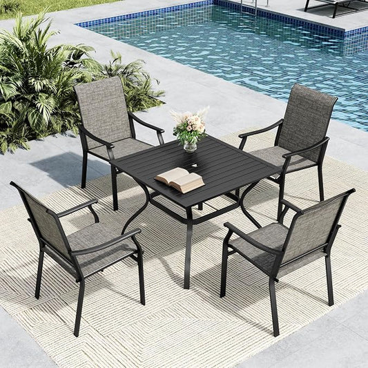 MFSTUDIO Patio Table and Chairs Set, 5 PCS Patio Dining Set with 4 Sling Dining Chairs and 1 Square Heavy Duty Metal Table for 4, All Weather Resistant Patio Dining Furniture, Grey