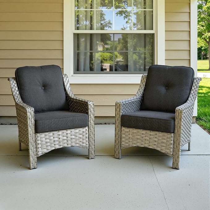 2 Piece Patio Furniture Set, Outdoor Wicker Chairs Set of 2 with Thick Cushion, Heavy Duty High Back Comfortable Chair for Small Balcony Porch Garden, Black