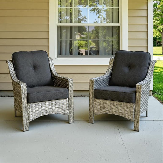2 Piece Patio Furniture Set, Outdoor Wicker Chairs Set of 2 with Thick Cushion, Heavy Duty High Back Comfortable Chair for Small Balcony Porch Garden, Black