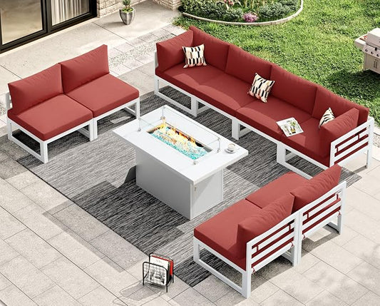 RADIATA 9 Piece High End Aluminum Patio Furniture Set with Fire Pit Table, 500 lbs Heavy Duty Outdoor Sectional Sofa, 29" Deep Wide Oversized Seating L Shaped Conversation Couch for Exterior, Burgundy