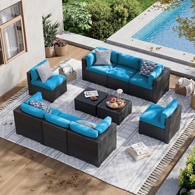 Aoxun 10 Piece Patio Furniture Set Wicker Rattan Patio Sectional Sofa Set Outdoor Seating Furniture with Thickened Cushion, Peacock Blue