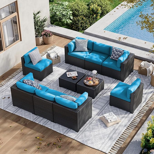 Aoxun 10 Piece Patio Furniture Set Wicker Rattan Patio Sectional Sofa Set Outdoor Seating Furniture with Thickened Cushion, Peacock Blue