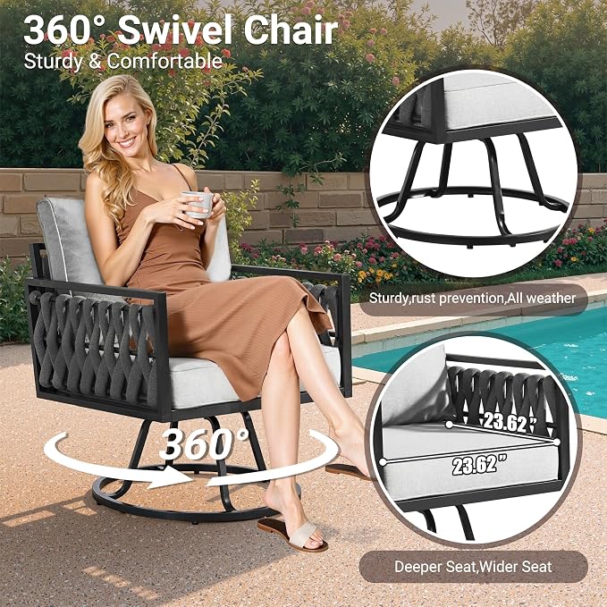 Weaxty Modern Patio Furniture Set 6 Piece, Rope Outdoor Patio Conversation Sets Sectional Sofa Swivel Chairs Table Ottoman, All Weather Metal Balcony Furniture for Backyard Garden, Grey