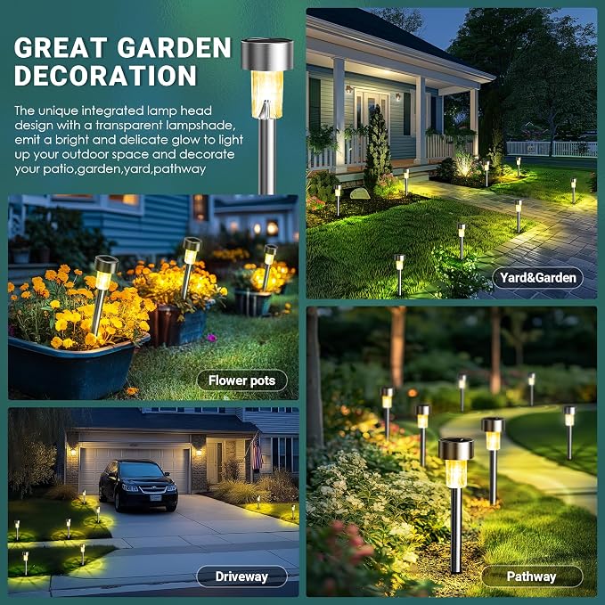 GIGALUMI Outdoor Waterproof Solar Garden Lights, 12 Pack Warm White | Stainless Steel LED, Warm White Glow, Ideal for Patio Lawn Yard Landscape, Garden & Patio Decor