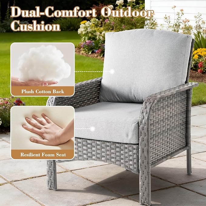 6 Pieces Patio Furniture Set, All-Weather Rattan Wicker Outdoor Furniture Loveseat Chairs with Coffee Table, High Back Conversation Set for Porch, Backyard, Balcony,Grey