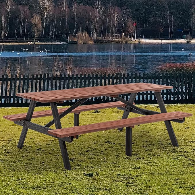 Brown 75" Rectangular Picnic Table for Outdoors,8 Person Wooden Picnic Tables,Outdoor Camping Dining Tables with 2 Seats DIY with 2 Built-in Benches for Garden Courtyard BBQ,2220lb Capacity
