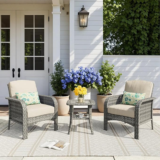 HOOOWOOO Patio Furniture Set,3 Pieces Outdoor Conversation Set,All Weather Wicker Bistro Set Yard Porch High Back Chairs Side Table,Beige