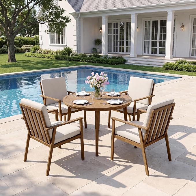 5-Piece Round Outdoor Dining Table Set, 41" All-Aluminum Round Outdoor Table with 4 Chairs, Rust-Resistant Faux Wood Grain Patio Table with Umbrella Hole for Garden, Backyard, Poolside, Teak