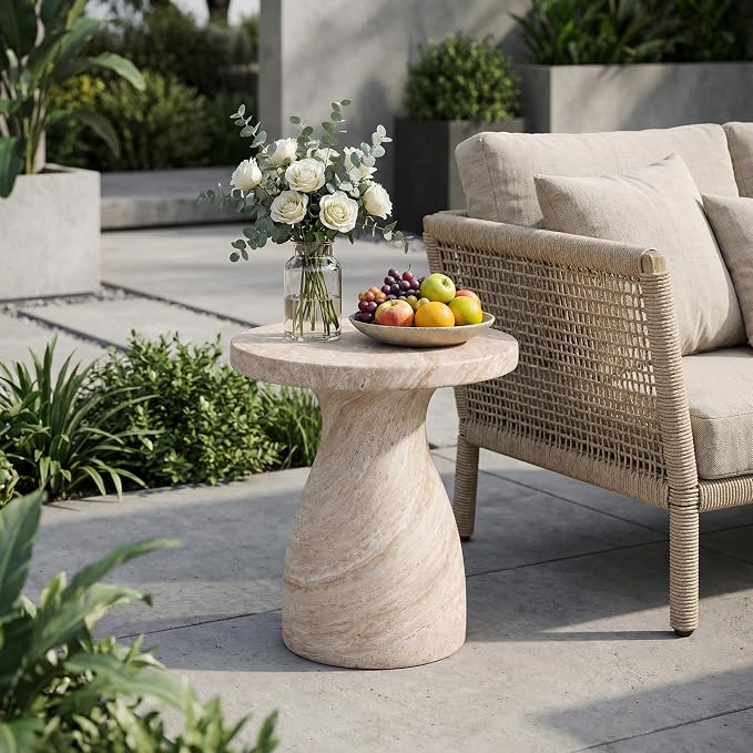 Outdoor Side Table Faux Marble Side Table with Slate Top End Tables Small Coffee Tables for Patio, Garden Stool Plant Stand for Porch, Backyard,Weather Resistant, MgO,Beige Travertine