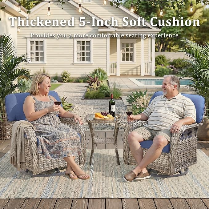 7 PCS Patio Furniture Set Outdoor Sectional Sofa Couch with Rocking Swivel Chairs 5" Deep Seat Chairs, Modern Wicker Rattan Conversation Set, Blue/Gray Wicker