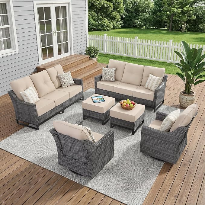 6 Piece Patio Furniture Set,360°Swivel Glider Patio Chairs Set of 2, 2 Sofas, 2 Ottomans,Comfortable Seating with 6 Inch Thick Cushions, All-Weather Wicker Patio Set For Porch Deck Balcony Garden
