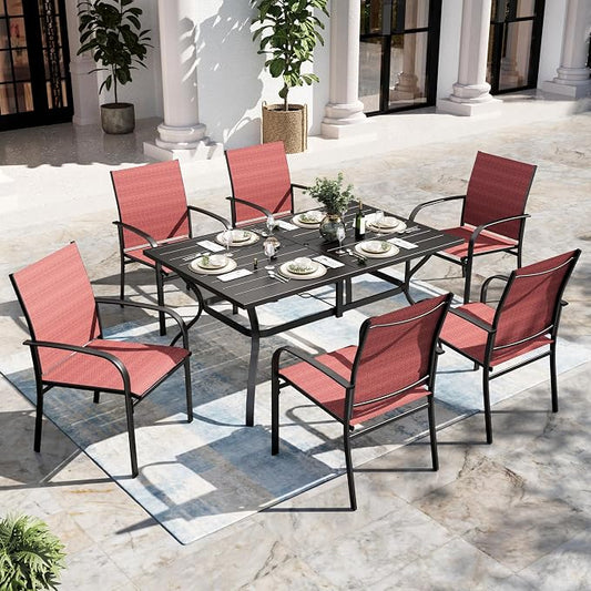 SUNSHINE VALLEY 7 Piece Patio Dining Set for 6, Rectangular Metal Dining Table with Umbrella Hole and 6 Chairs, Outdoor Table and Chairs Set for Lawn Backyard and Deck, Red