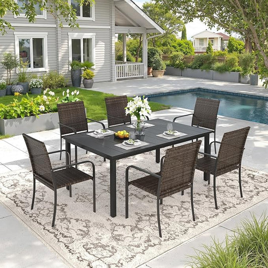 DIFY 7 Piece Outdoor Dining Set for 6, 63" Black Rectangle Metal Dining Table with Umbrella Hole and Stackable Wicker Patio Chairs, All-Weather Patio Table and Chairs Set for Deck Garden Backyard
