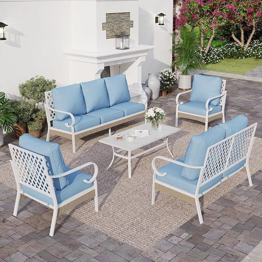 SUNSHINE VALLEY 6 Piece Metal Outdoor Patio Furniture Set, Patio Conversation Sets 3-Seater Sofa, 2 Fixed Chair, 2 Swivel Chair with 5.75" Thick Cushion & Coffee Table White Backyard Furniture, Blue