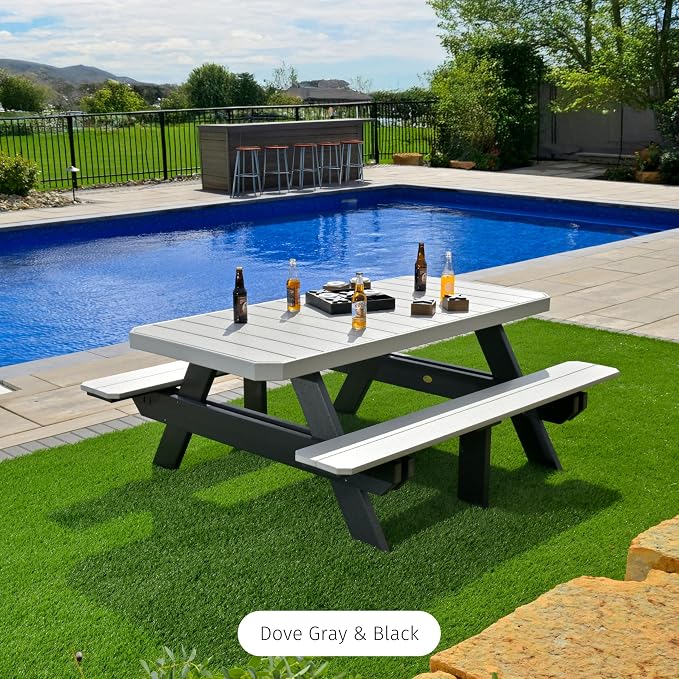 LuxCraft 6 Foot Poly Rectangular Picnic Table - Outdoor Furniture, Dining Height Table with Umbrella Hole, Seats 6 Adults, All Weather - Amish Made in USA (Coastal Gray & Black)
