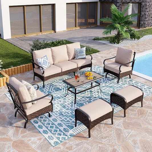 PHI VILLA Outdoor Modern Patio Furniture Set, Upgraded Wicker & Metal Patio Conversation Set with Waterproof Thick Cushions for Porch, Poolside, Yard(6 Pieces,Beige)