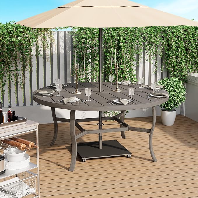 HAPPATIO Round Outdoor Dining Table, 61-inch Aluminum Patio Table with Umbrella Hole, All-Weather Aluminum Frame for Deck Lawn Garden Backyard Balcony Deck