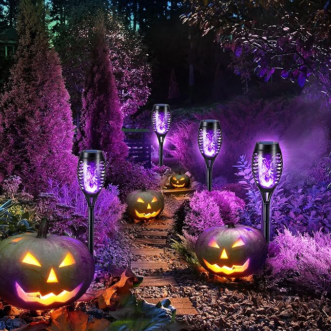 Toodour Solar Torch Flame Lights, 6 Pack Solar Lights Outdoor with Flickering Flame, Waterproof Solar Pathway Lights Landscape Decoration Lighting for Garden, Lawn, Yard, Outdoor Decor - Purple