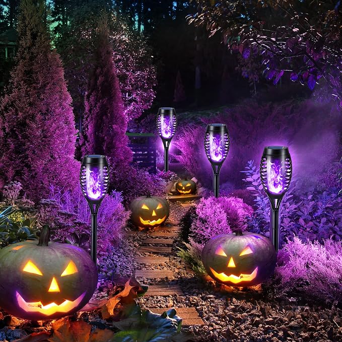 Toodour Solar Torch Flame Lights, 12 Pack Solar Lights Outdoor with Flickering Flame, Waterproof Patio Light Landscape Decoration Lighting for Garden, Lawn, Yard, Outdoor Decorations - Purple