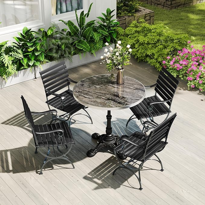 31.5" Sintered Stone Round Dining Table for 2-4 People, Marble Look Bistro Table with Heavy Duty Cast Iron Base for Outdoor Patio Garden Cafe, Living Room Balcony, Commercial Grade Small Space, Black