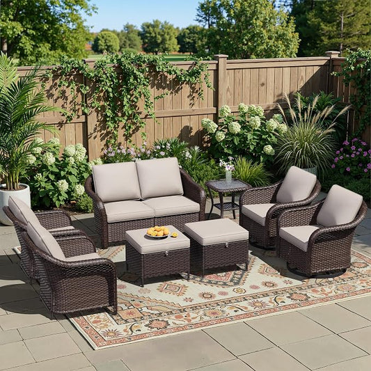 8 Piece Patio Wicker Conversation Set, All-Weather Use Outdoor Wicker Loveseat with 2 PE Rattan Ottomans,2 Chair, 2 Swivel Chair, 1 Side Table, Ideal for Porch, Backyard, Balcony, Poolside, Beige