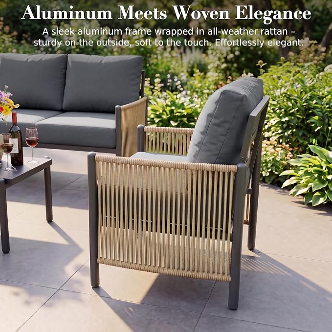 Aluminum Patio Furniture Set, 5 Seats Outdoor Patio Furniture with Coffee Table, Outdoor Wicker Conversation Sets with Cushion for Backyard, Balcony,Porch,Dark Grey