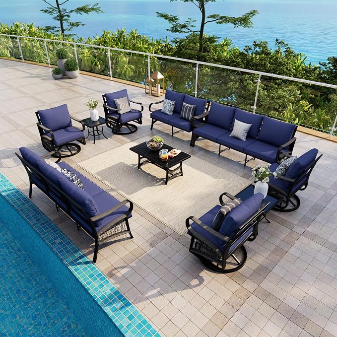10 Pieces Patio Conversation Sets, All-Weather Metal Swivel Rocking Chairs with Rope Furniture Set, Outdoor Sofa Couch for Deck, Porch, Garden, Backyard, Poolside (Blue Cushions)