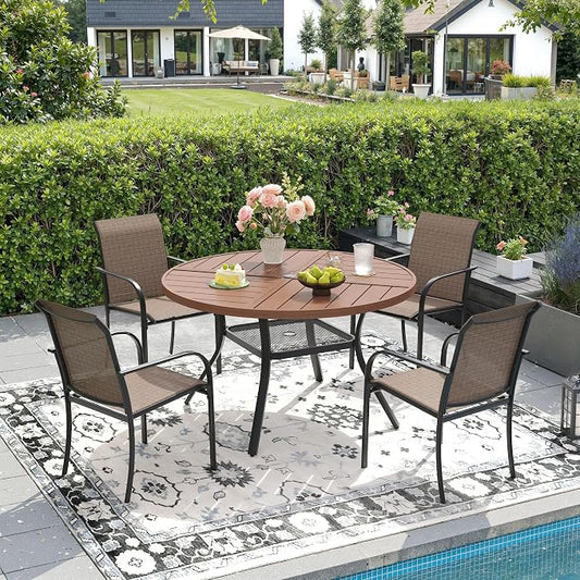 DIFY Patio Dining Set for 4, 5 Piece Outdoor Table and Chairs Set, 40.6" Walnut Round Metal Patio Dining Table and 4 Brown Textilene Stackable Patio Chairs, for Backyard Garden Poolside