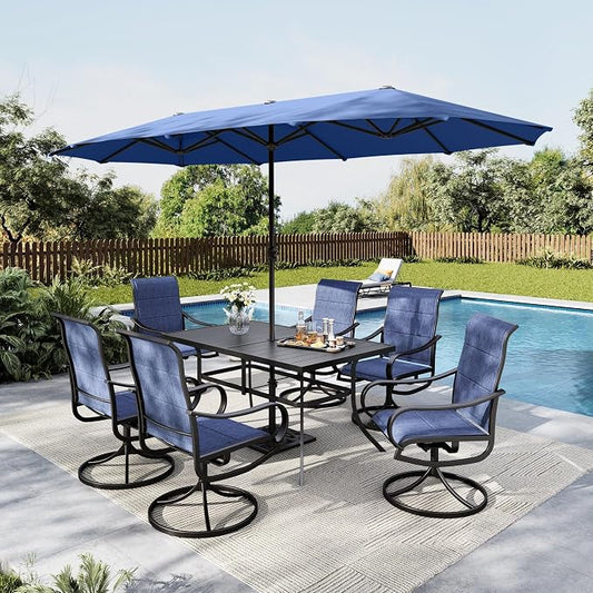 MFSTUDIO Outdoor Patio Dining Set for 6, Patio Furniture Set with Blue Umbrella (Base not Included), Outdoor Table and Padded Chairs Set for Deck, Backyard, Lawn & Garden