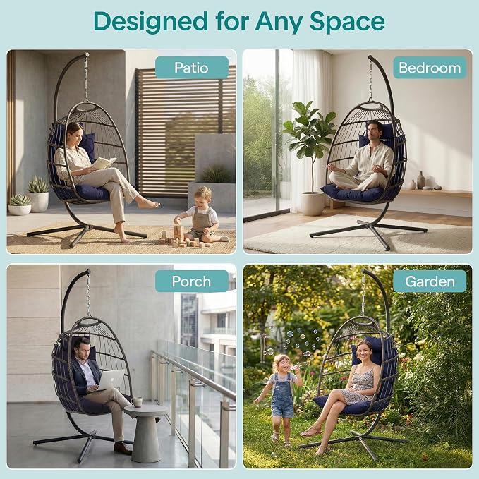 SereneLife Hanging Egg Chair with Stand | Foldable Rattan Wicker Hammock Chair for Patio, Balcony, and Bedroom Use with UV & Weather Resistant Cushion | 350 lb Capacity | 3" Padded Headrest Included