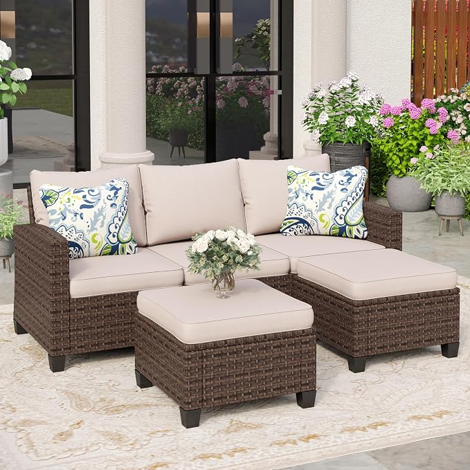 SUNSHINE VALLEY Outdoor Patio Furniture Set, 5-Seat L-Shaped Patio Couch Set with 2 Ottomans, Durable Rattan Outdoor Sofa Set for Small Patios, Modular Outdoor Couch Set for All-Weather Use, Beige