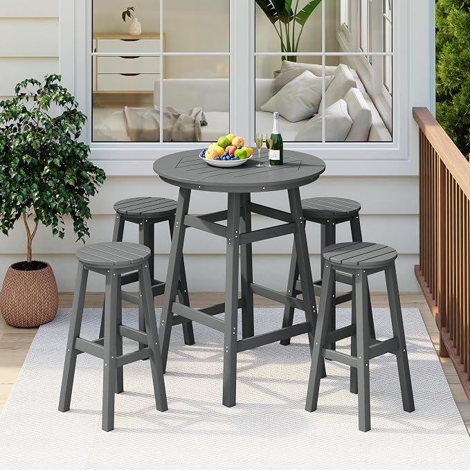 Costaelm Patio Bistro Table, 42" Counter Height Round Patio Cocktail Bar Table with Umbrella Hole, Outdoor Bistro Dining Pub Table for Front Porch Deck Backyard Garden, Gray