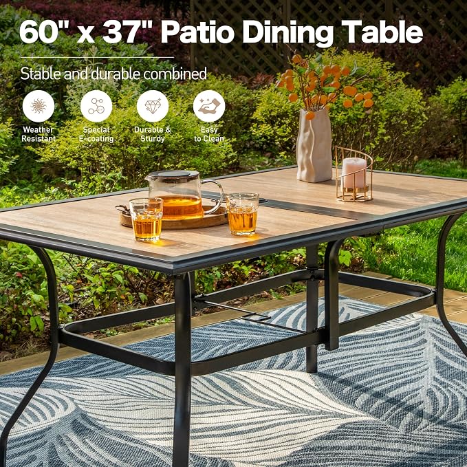SUNSHINE VALLEY 60" Patio Dining Table for 6,Teak Color Rectangle Patio Table with Umbrella Hole,E-Coating and Powder Coating Steel Frame Metal Outdoor Patio Table for Garden Backyard Lawn Yard