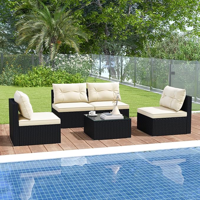 DORTALA 5 Piece Wicker Patio Furniture Set, PE Rattan Outdoor Sectional Conversation Set with Tempered Glass Coffee Table, 4 Chairs for Deck, Backyard, Poolside, Off White