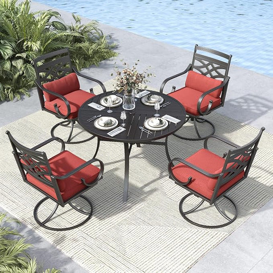 MFSTUDIO 5-Piece Patio Dining Set, 42" Round Metal Table, Swivel Chairs | Umbrella Hole, Red