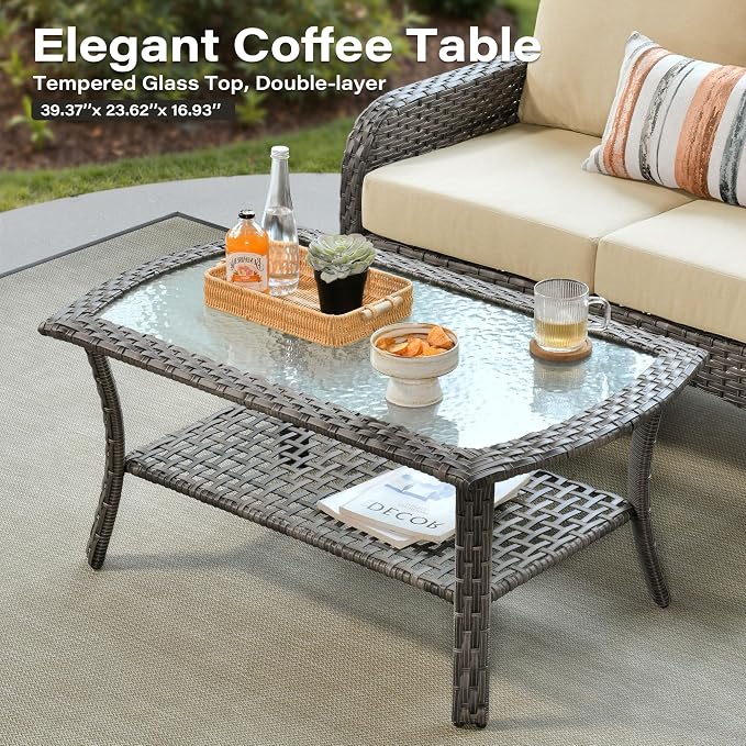 8 Pieces Patio Conversation Sets,Patio Furniture Set with Swivel Rocking Chairs,Coffee Table, Side Table, All Weather Rattan Wicker Outdoor Sectional Furniture Set for Porch Balcony Backyard Beige